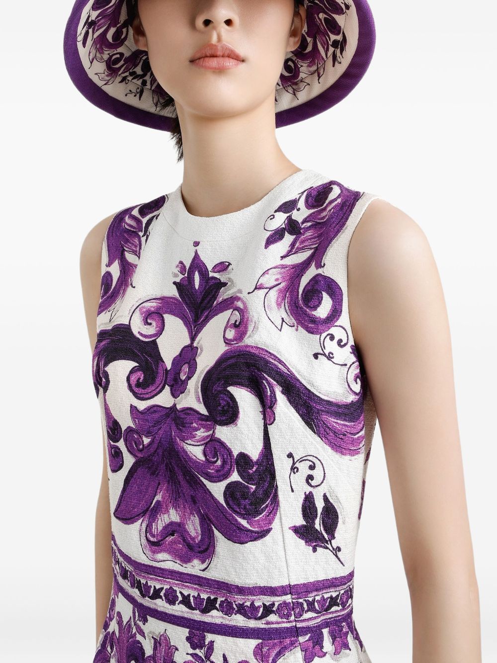Dolce &amp; Gabbana Maiolica Print Sleeveless Cotton-Blend Mini Dress Purple