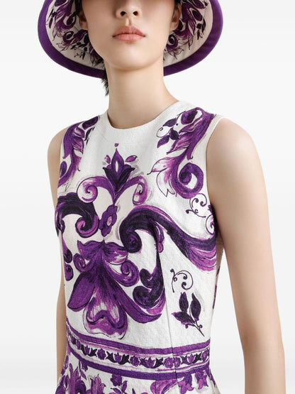 Dolce &amp; Gabbana Maiolica Print Sleeveless Cotton-Blend Mini Dress Purple