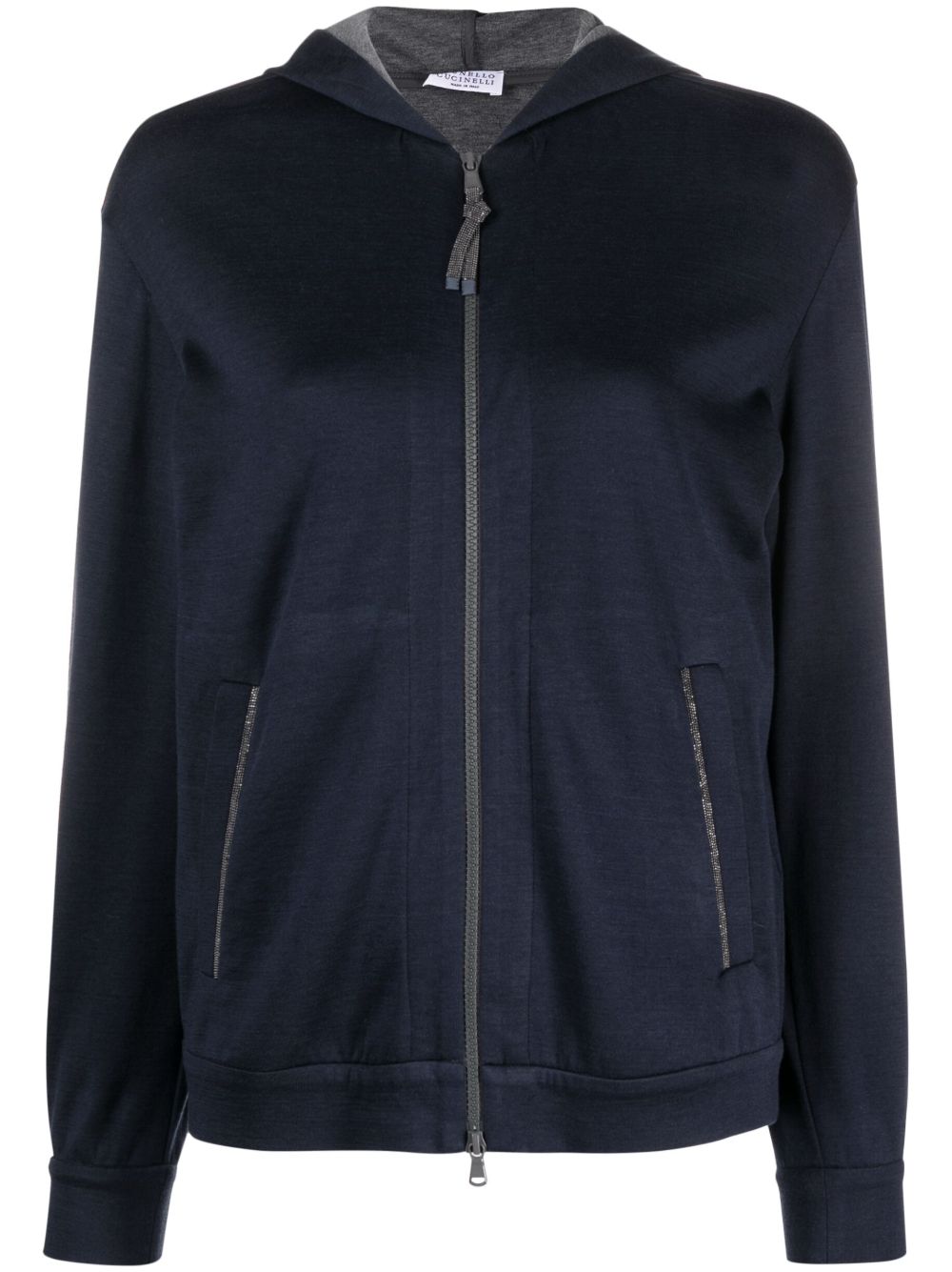Brunello Cucinelli Navy Monili Chain Cotton-Silk Zip Hoodie Blue