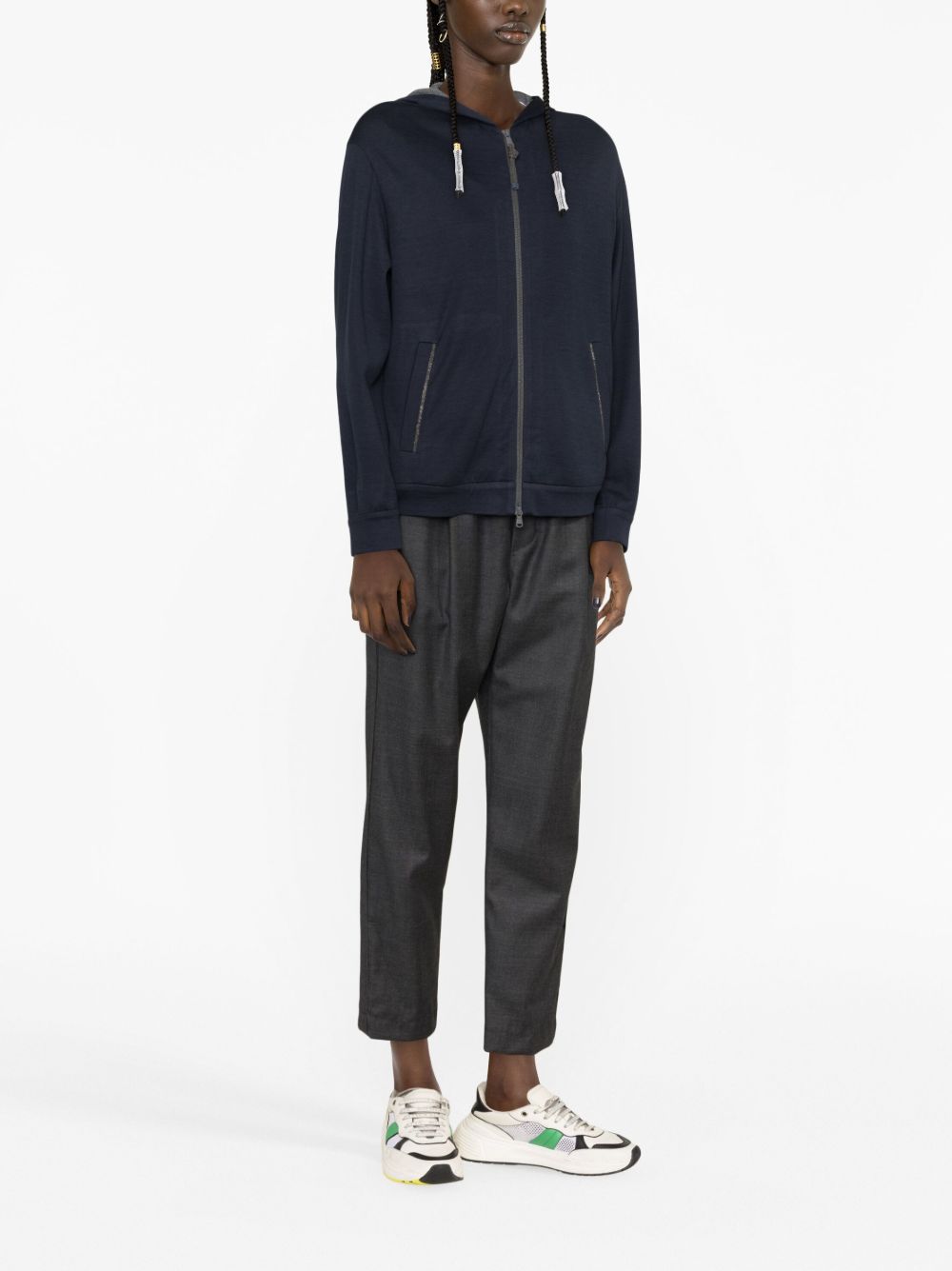 Brunello Cucinelli Navy Monili Chain Cotton-Silk Zip Hoodie Blue