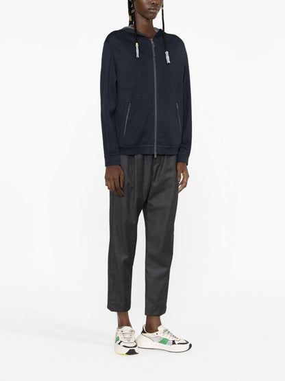 Brunello Cucinelli Navy Monili Chain Cotton-Silk Zip Hoodie Blue