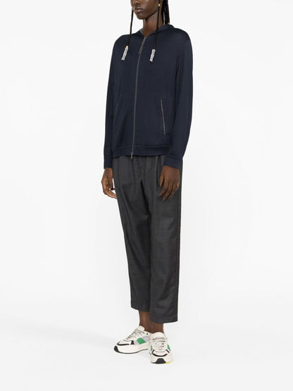 Brunello Cucinelli Navy Monili Chain Cotton-Silk Zip Hoodie Blue