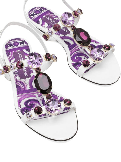 Dolce &amp; Gabbana Maiolica Rhinestone-Embellished Slingback Flat Sandals Purple