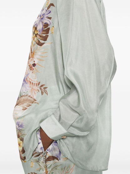 Zimmermann Coco Floral-Print Silk Shirt Aqua Green
