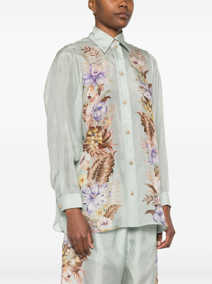 Zimmermann Coco Floral-Print Silk Shirt Aqua Green