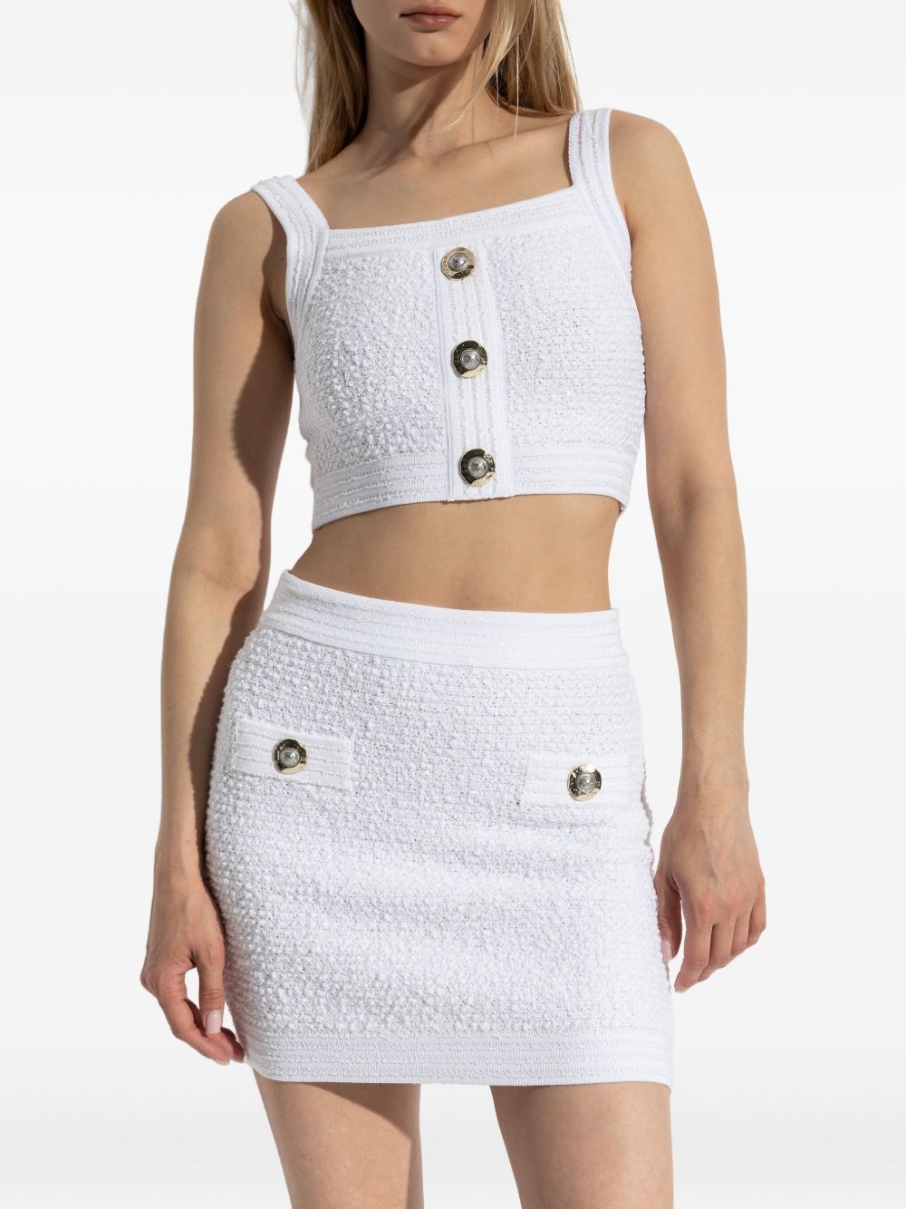 Balmain Tweed Crop Top with Decorative Buttons White