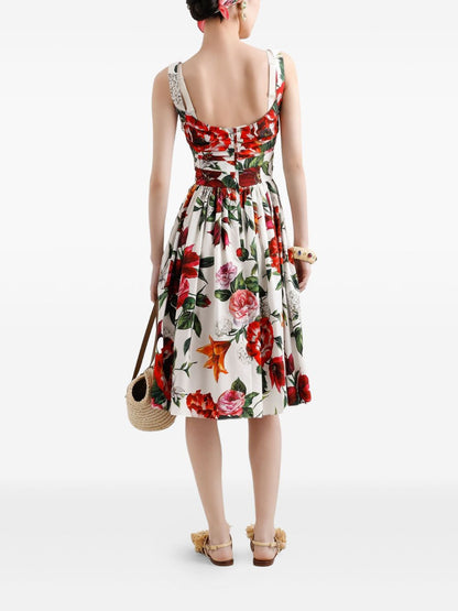 Dolce &amp; Gabbana Anemoni Print Pleated Flared Cotton Midi Dress White White