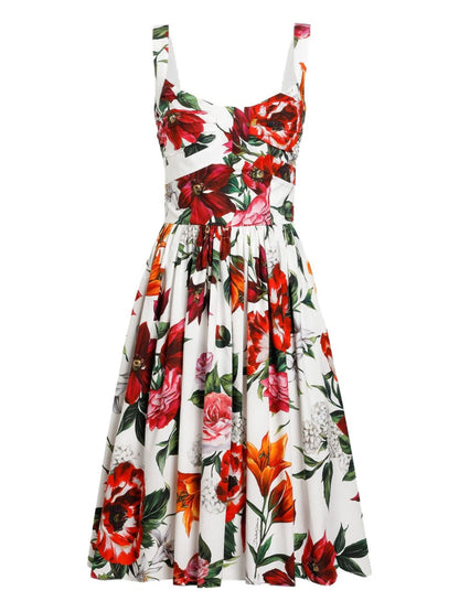 Dolce &amp; Gabbana Anemoni Print Pleated Flared Cotton Midi Dress White White