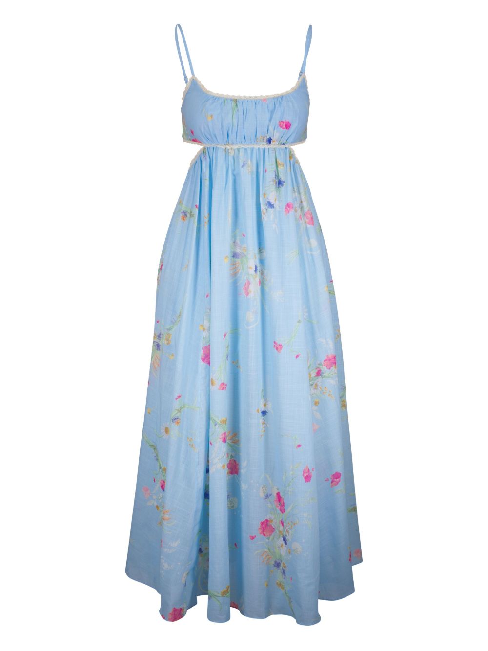 Zimmermann Clear Blue Lucky Printed Cotton Maxi Dress with Lace and Open Back Clear Blue