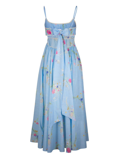 Zimmermann Clear Blue Lucky Printed Cotton Maxi Dress with Lace and Open Back Clear Blue