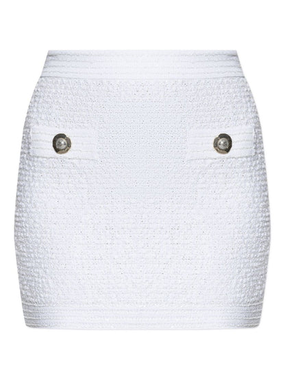 Balmain Tweed Mini Skirt with Decorative Buttons White
