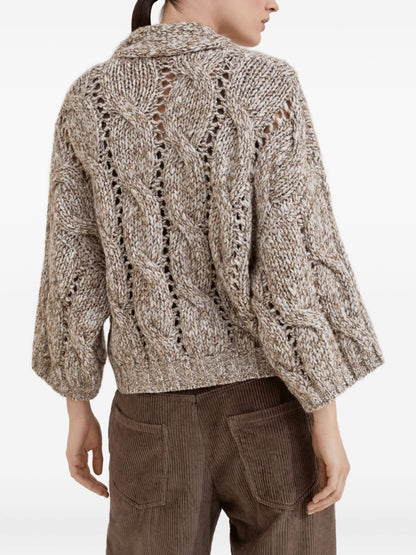 Brunello Cucinelli Open-Front Chunky Knit Wool-Cashmere Cardigan Beige Beige