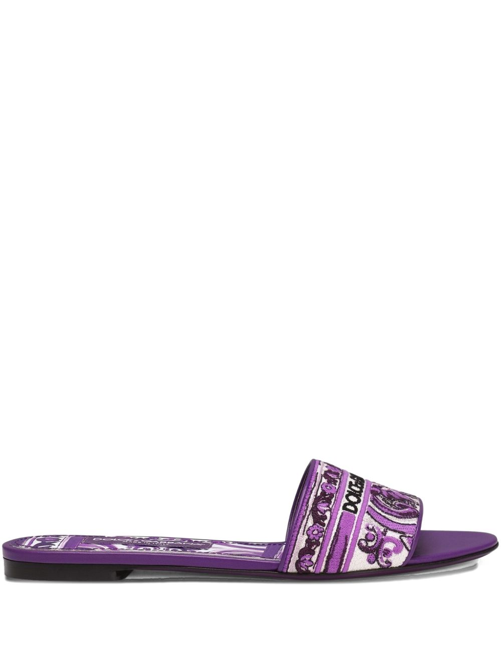 Dolce & Gabbana Maiolica Print Embroidered Logo Flat Slides Purple