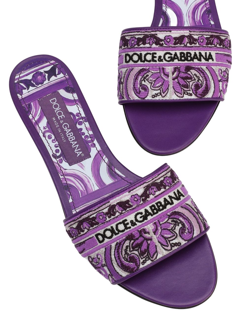 Dolce &amp; Gabbana Maiolica Print Embroidered Logo Purple Slides purple