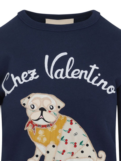 Valentino Cotton Embroidered Crew-Neck Sweater Blue