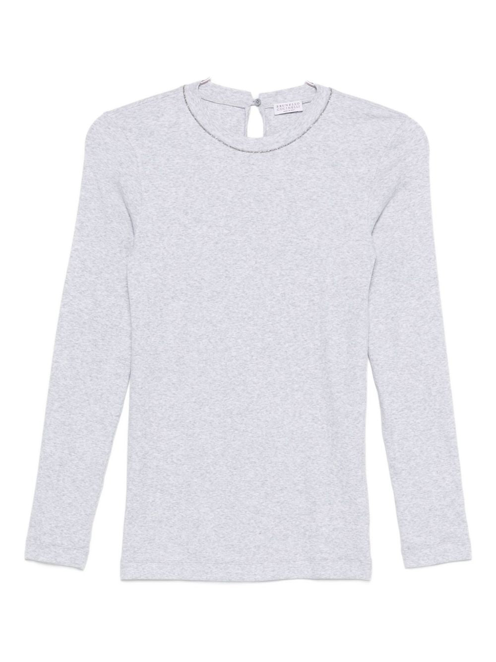 Brunello Cucinelli Grey Ribbed Cotton Crewneck Sweater with Back Keyhole grey