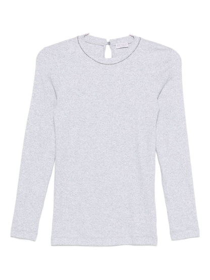 Brunello Cucinelli Grey Ribbed Cotton Crewneck Sweater with Back Keyhole grey