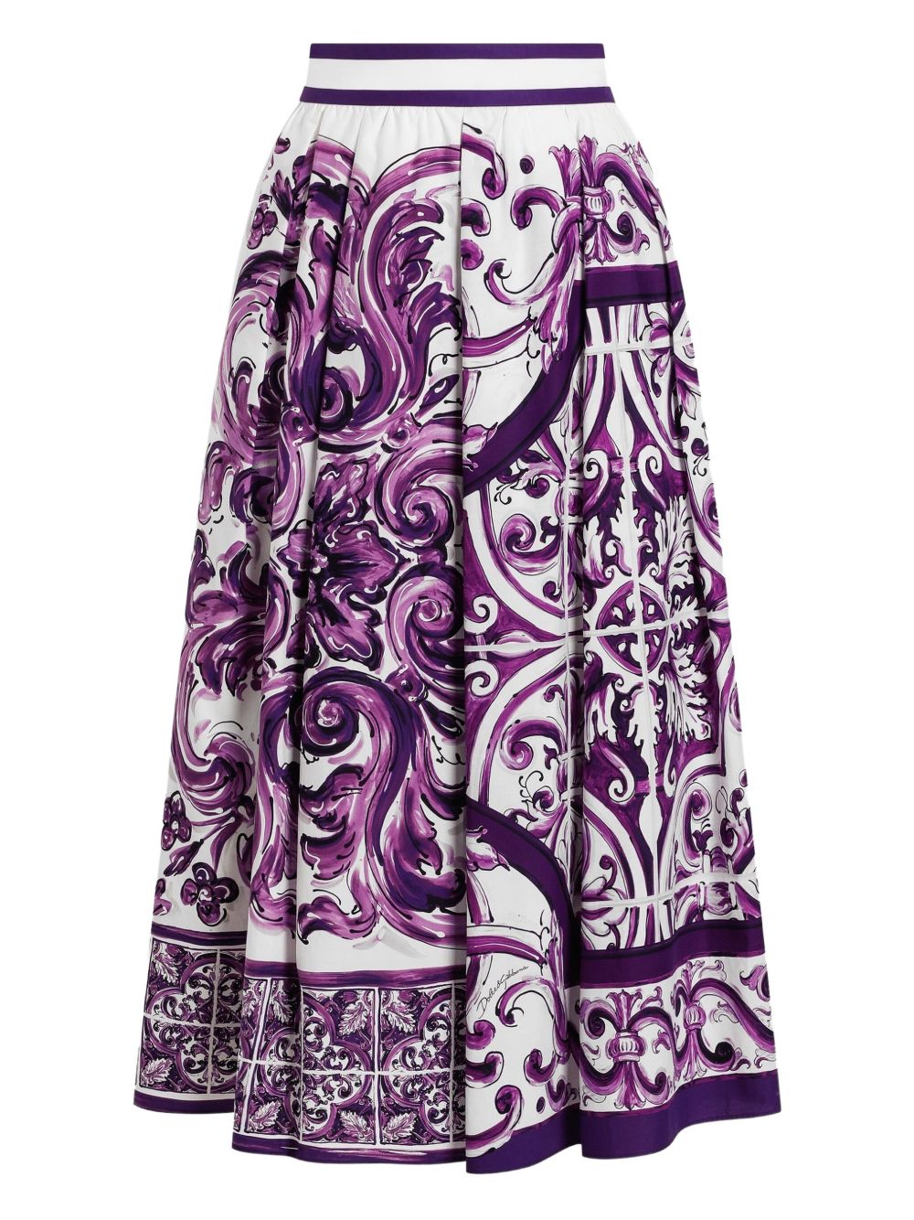 Dolce &amp; Gabbana Maiolica Print Pleated Cotton Midi Skirt Purple