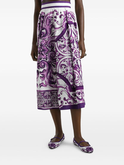 Dolce &amp; Gabbana Maiolica Print Pleated Cotton Midi Skirt Purple