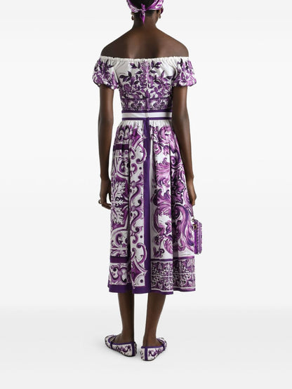 Dolce &amp; Gabbana Maiolica Print Pleated Cotton Midi Skirt Purple
