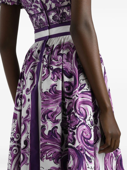 Dolce &amp; Gabbana Maiolica Print Pleated Cotton Midi Skirt Purple