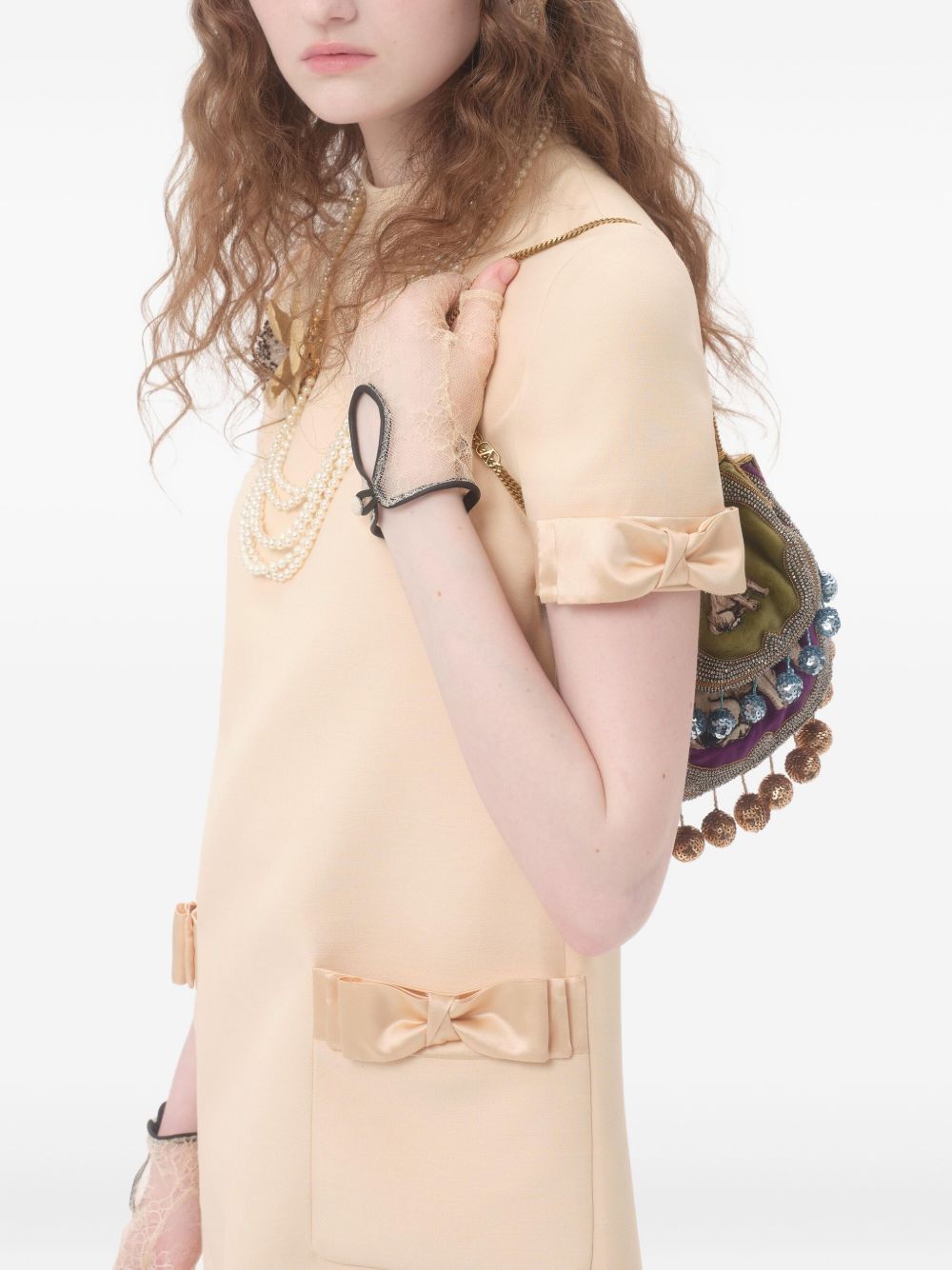 Valentino Short Crepe Couture Bow-Detail Wool and Silk Dress Beige