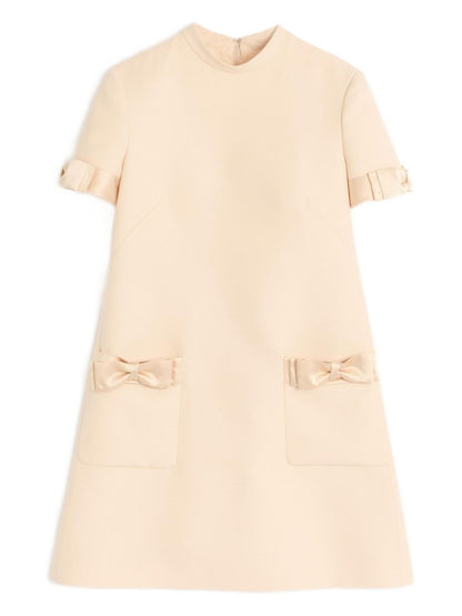 Valentino Short Crepe Couture Bow-Detail Wool and Silk Dress Beige