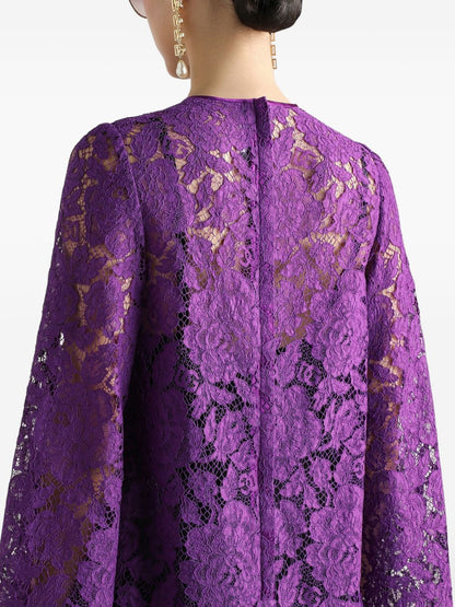 Dolce &amp; Gabbana Lace Amethyst Purple Mini Dress with Bell Sleeves and Tie Detail Purple