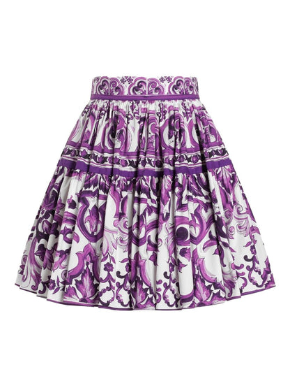 Dolce &amp; Gabbana Maiolica Pleated Graphic-Print Cotton Mini Skirt Purple purple