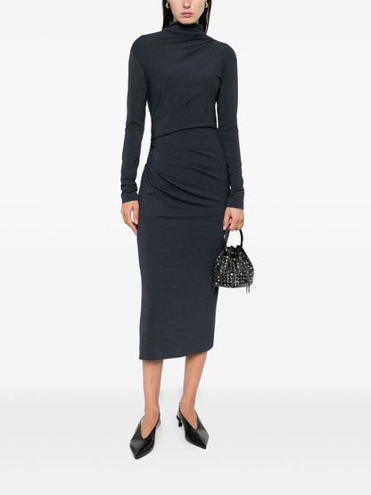 Brunello Cucinelli High Neck Wool-Blend Midi Dress Blue