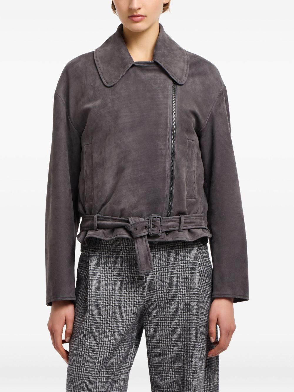 Emporio Armani Suede Asymmetric Zip Grey Leather Jacket Grey