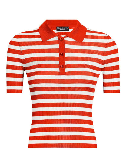 Dolce &amp; Gabbana Striped Red Polo Shirt with Tonal Logo Plaque Red