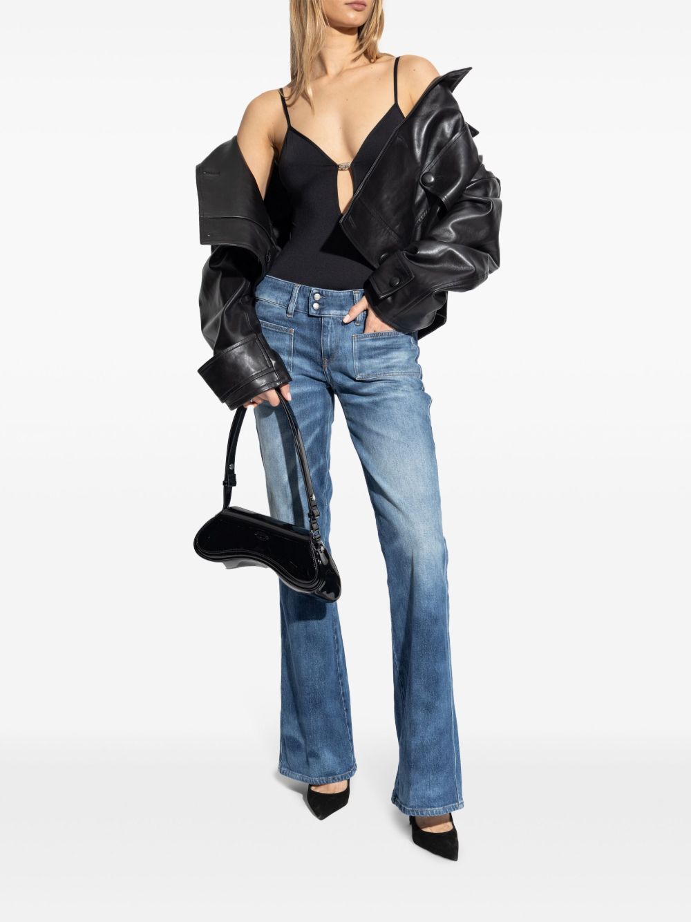 Diesel Oval-D Bodysuit in Black with Adjustable Spaghetti Straps and Low Back Black