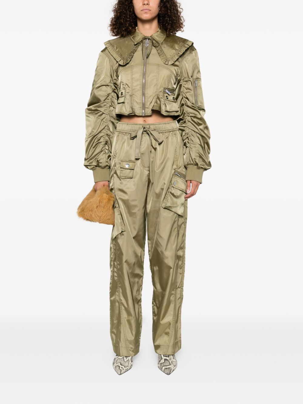 Ganni Oversized Sage Green Nylon Cargo Trousers Green