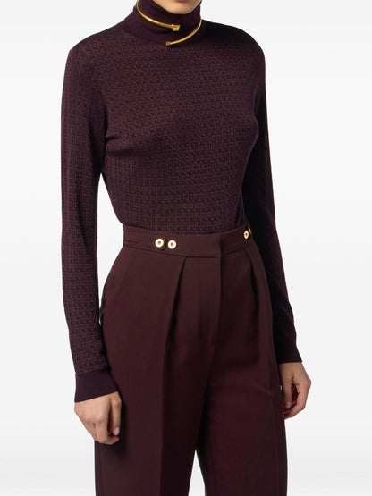 Elisabetta Franchi Jacquard Wool-Blend Roll-Neck Sweater Bordeaux Bordeaux