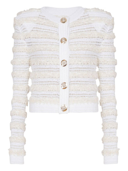 Balmain Long-Sleeved Tweed-Effect Knit Cardigan White