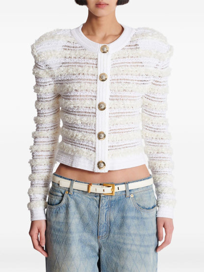 Balmain Long-Sleeved Tweed-Effect Knit Cardigan White