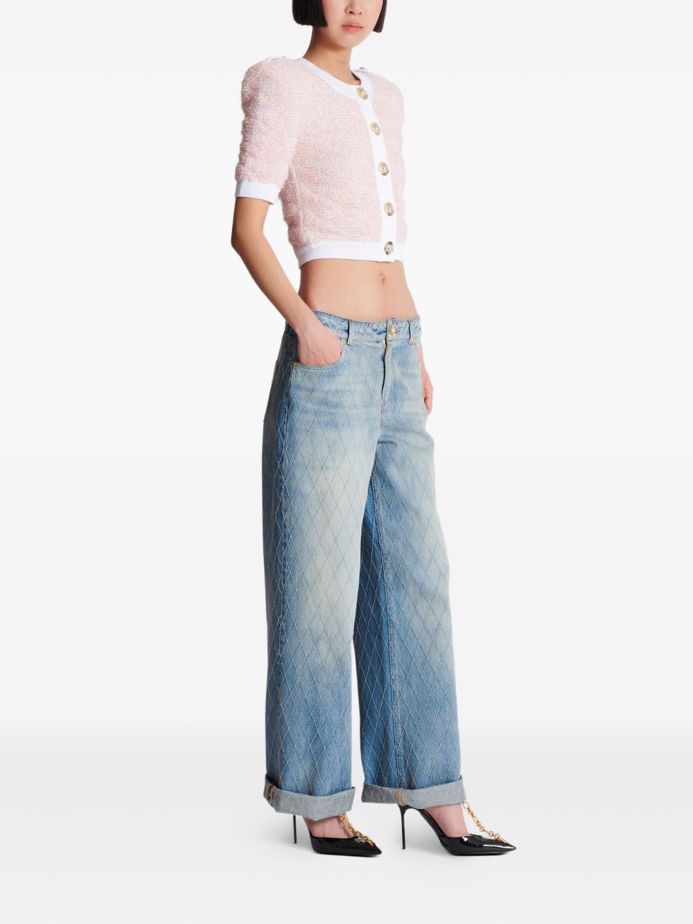 Balmain Cropped Tweed Cardigan with Logo-Embellished Buttons Pink