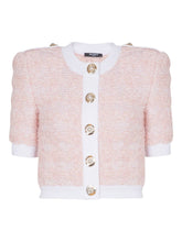 Balmain Cropped Tweed Cardigan with Logo-Embellished Buttons Pink