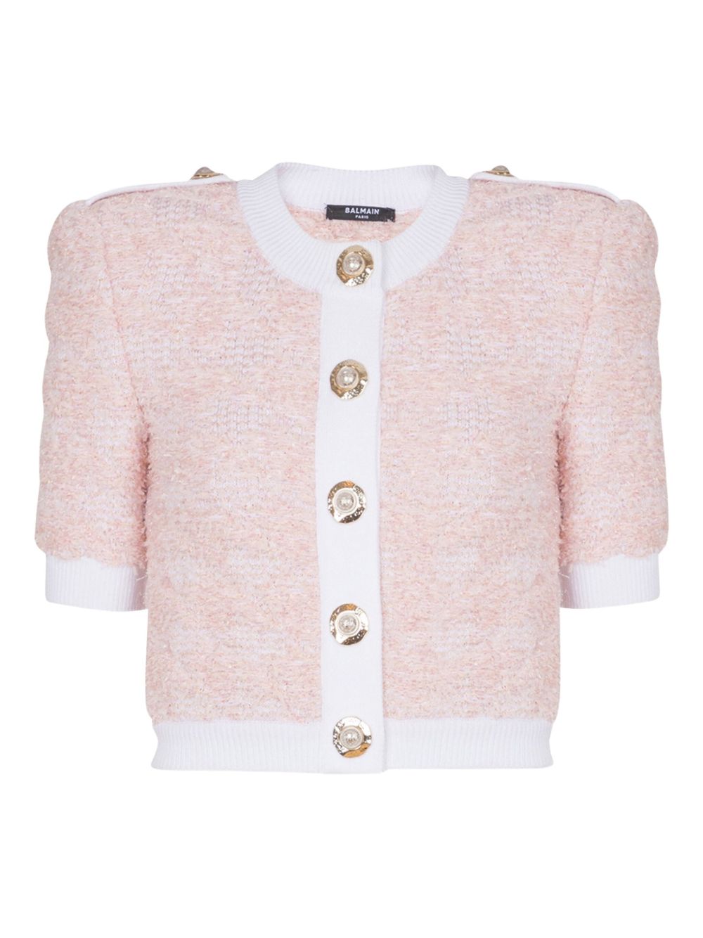 Balmain Cropped Tweed Cardigan with Logo-Embellished Buttons Pink