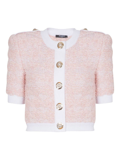Balmain Cropped Tweed Cardigan with Logo-Embellished Buttons Pink
