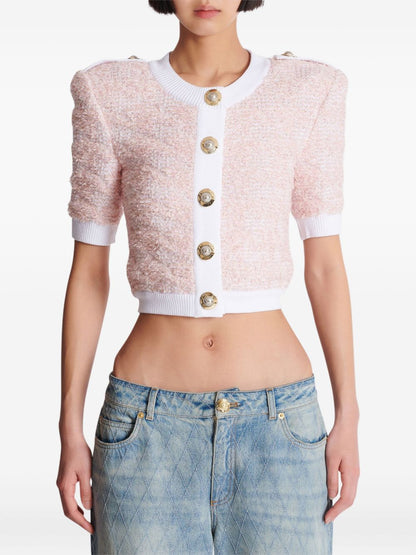 Balmain Cropped Tweed Cardigan with Logo-Embellished Buttons Pink