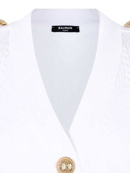 Balmain Button-Trim Cable-Knit V-Neck Cardigan White