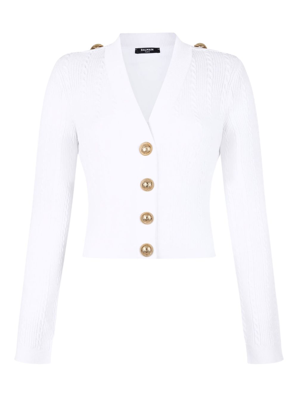 Balmain Button-Trim Cable-Knit V-Neck Cardigan White