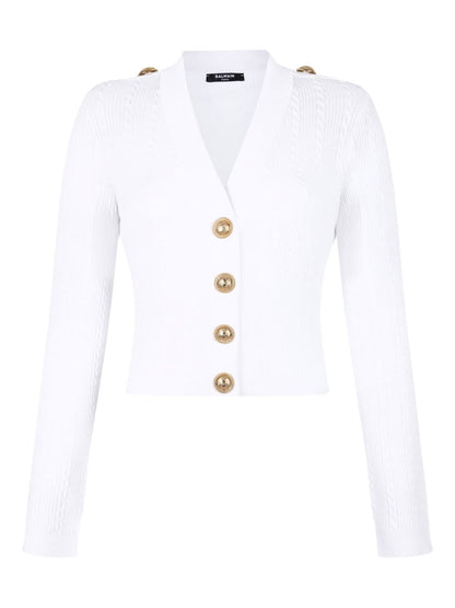 Balmain Button-Trim Cable-Knit V-Neck Cardigan White
