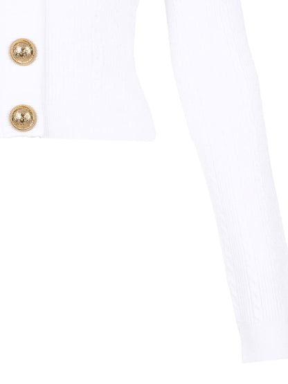 Balmain Button-Trim Cable-Knit V-Neck Cardigan White