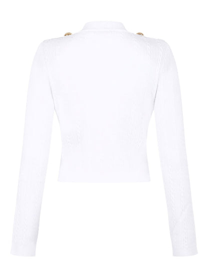 Balmain Button-Trim Cable-Knit V-Neck Cardigan White
