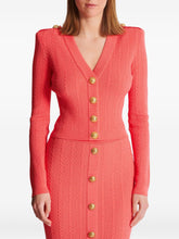 Balmain Long-Sleeved Twisted Knit Cardigan in Coral Pink Orange