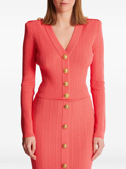 Balmain Long-Sleeved Twisted Knit Cardigan in Coral Pink Orange