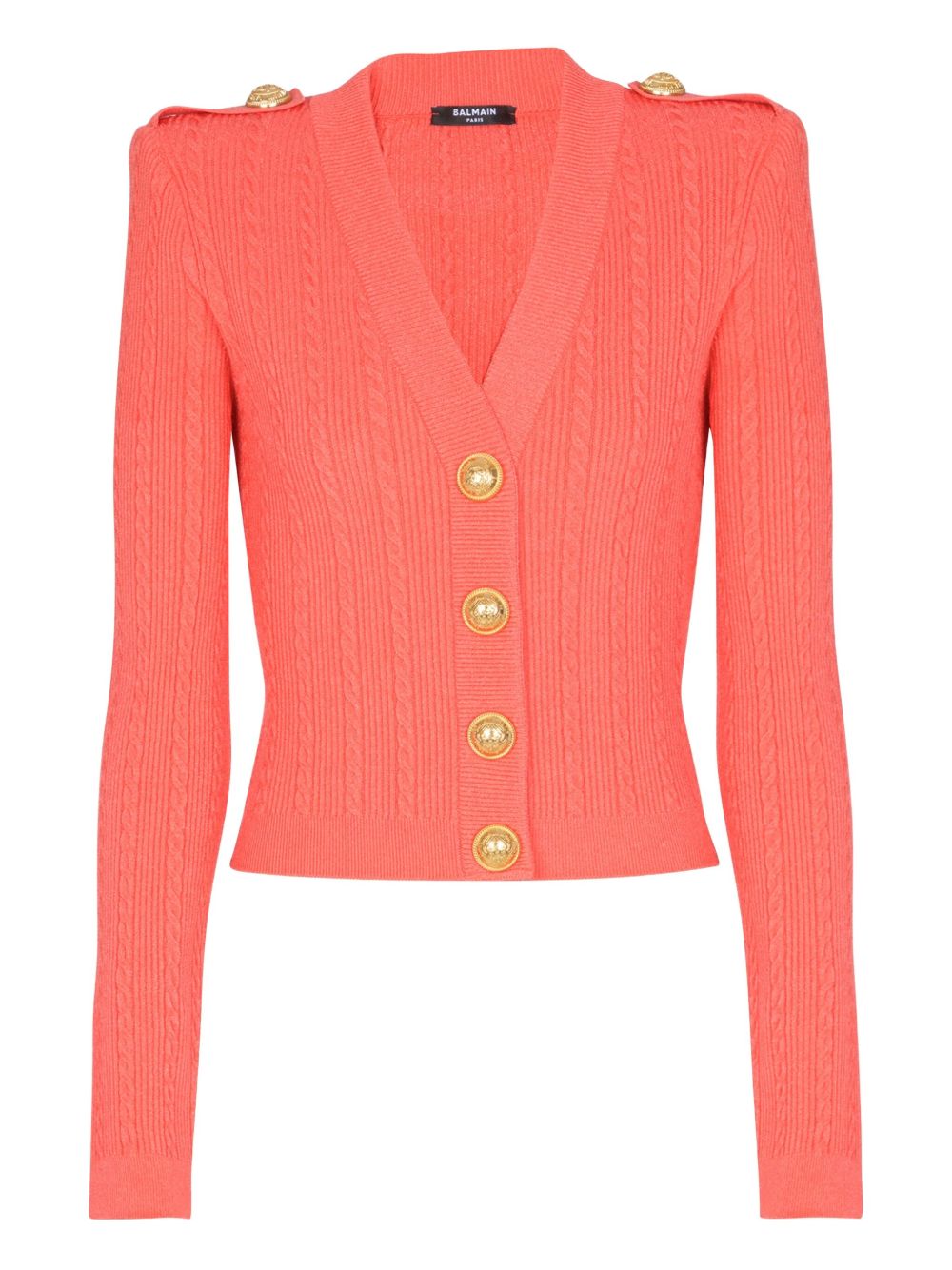 Balmain Long-Sleeved Twisted Knit Cardigan in Coral Pink Orange